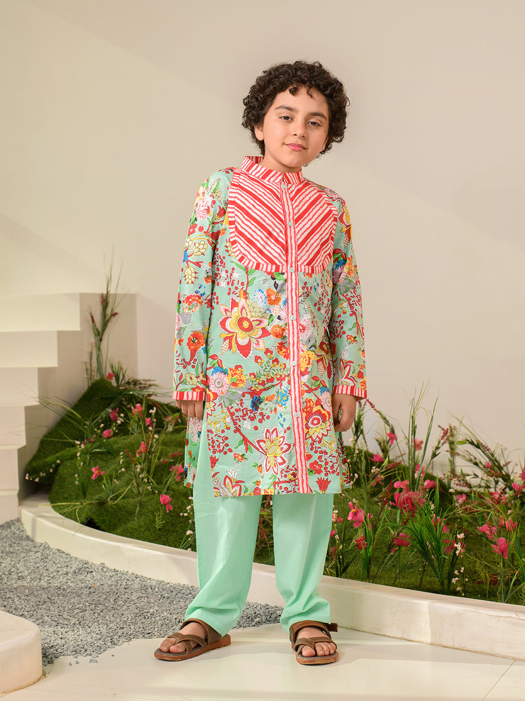 Boys Floral Printed Pure Cotton Kurta with Pyjamas (KP-REDSTRIPE)