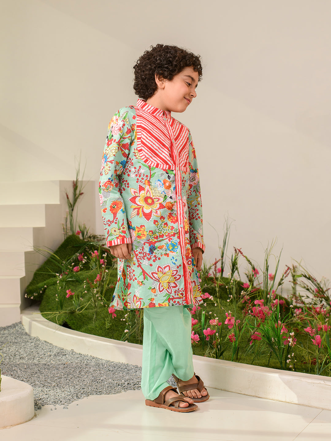 Boys Floral Printed Pure Cotton Kurta with Pyjamas (KP-REDSTRIPE)