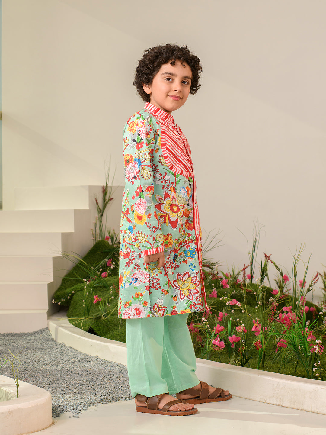 Boys Floral Printed Pure Cotton Kurta with Pyjamas (KP-REDSTRIPE)