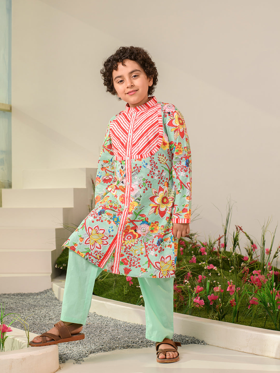 Boys Floral Printed Pure Cotton Kurta with Pyjamas (KP-REDSTRIPE)