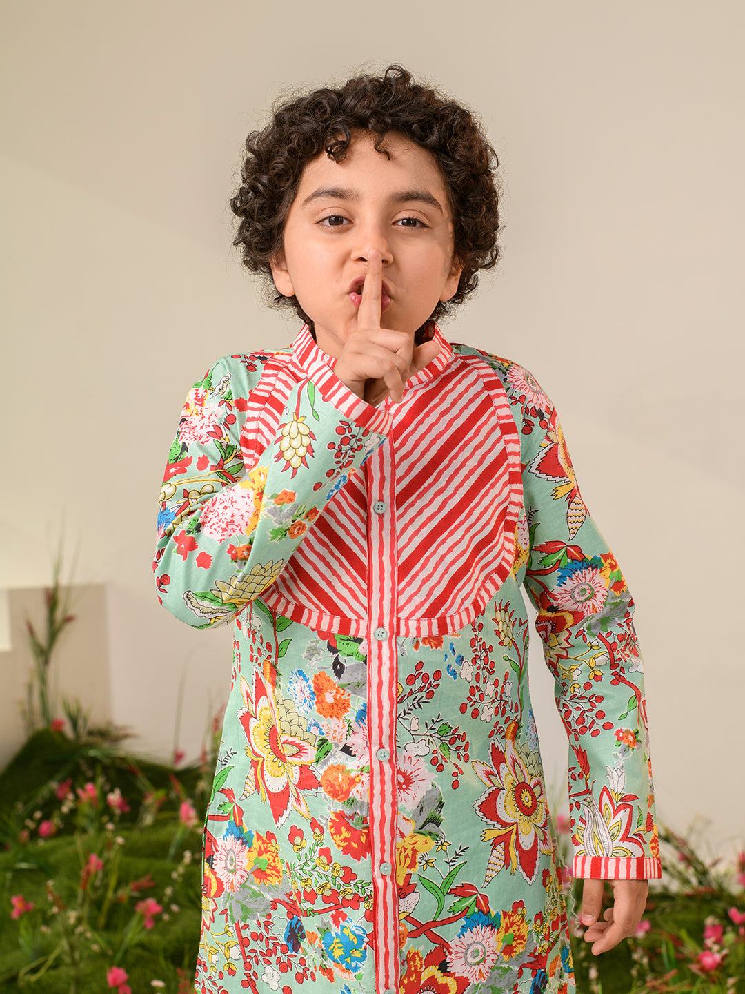Boys Floral Printed Pure Cotton Kurta with Pyjamas (KP-REDSTRIPE)