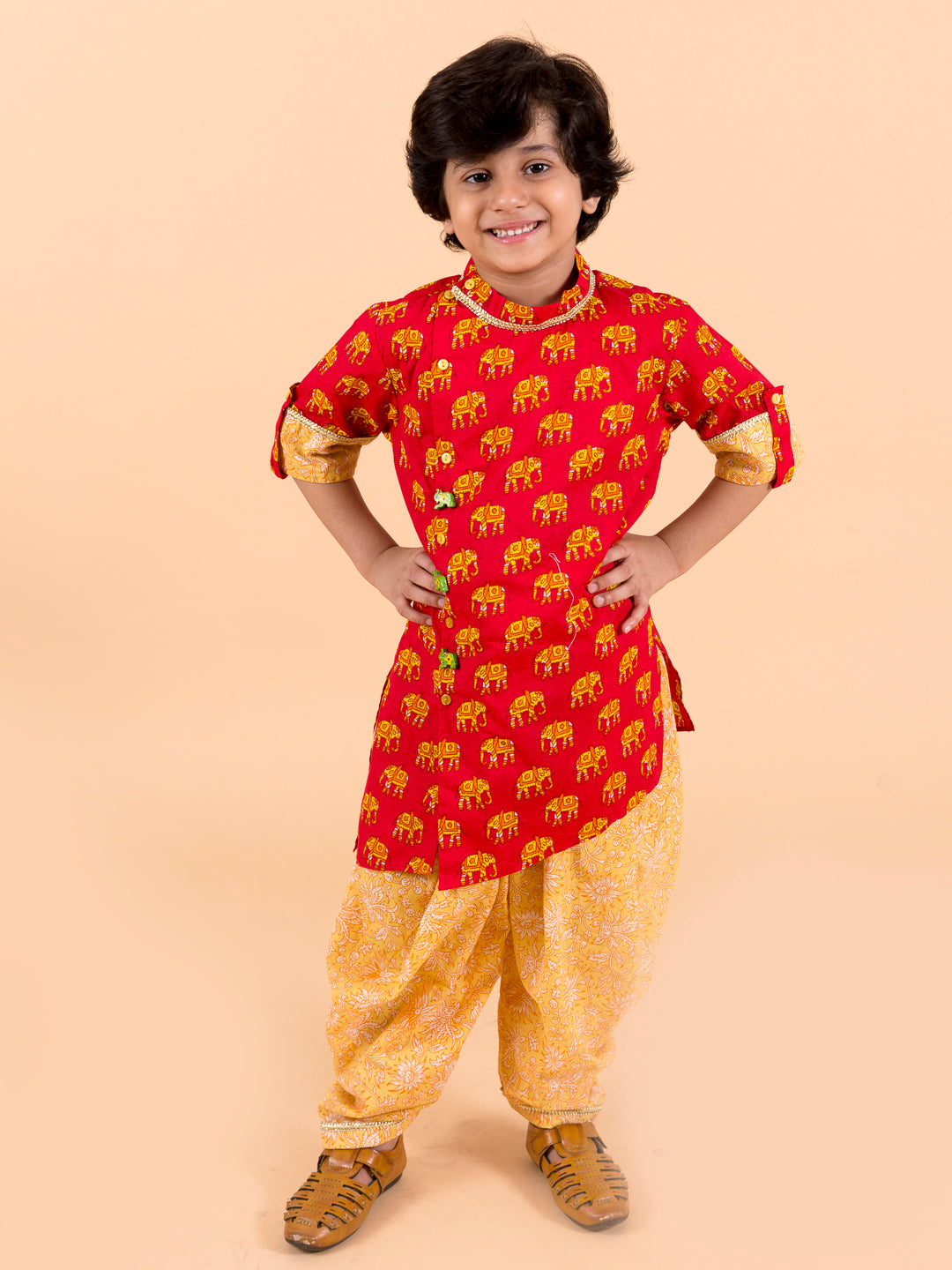 Boys Red Floral Embroidered Pure Cotton Kurta with Dhoti Pants (kp-redelephant)