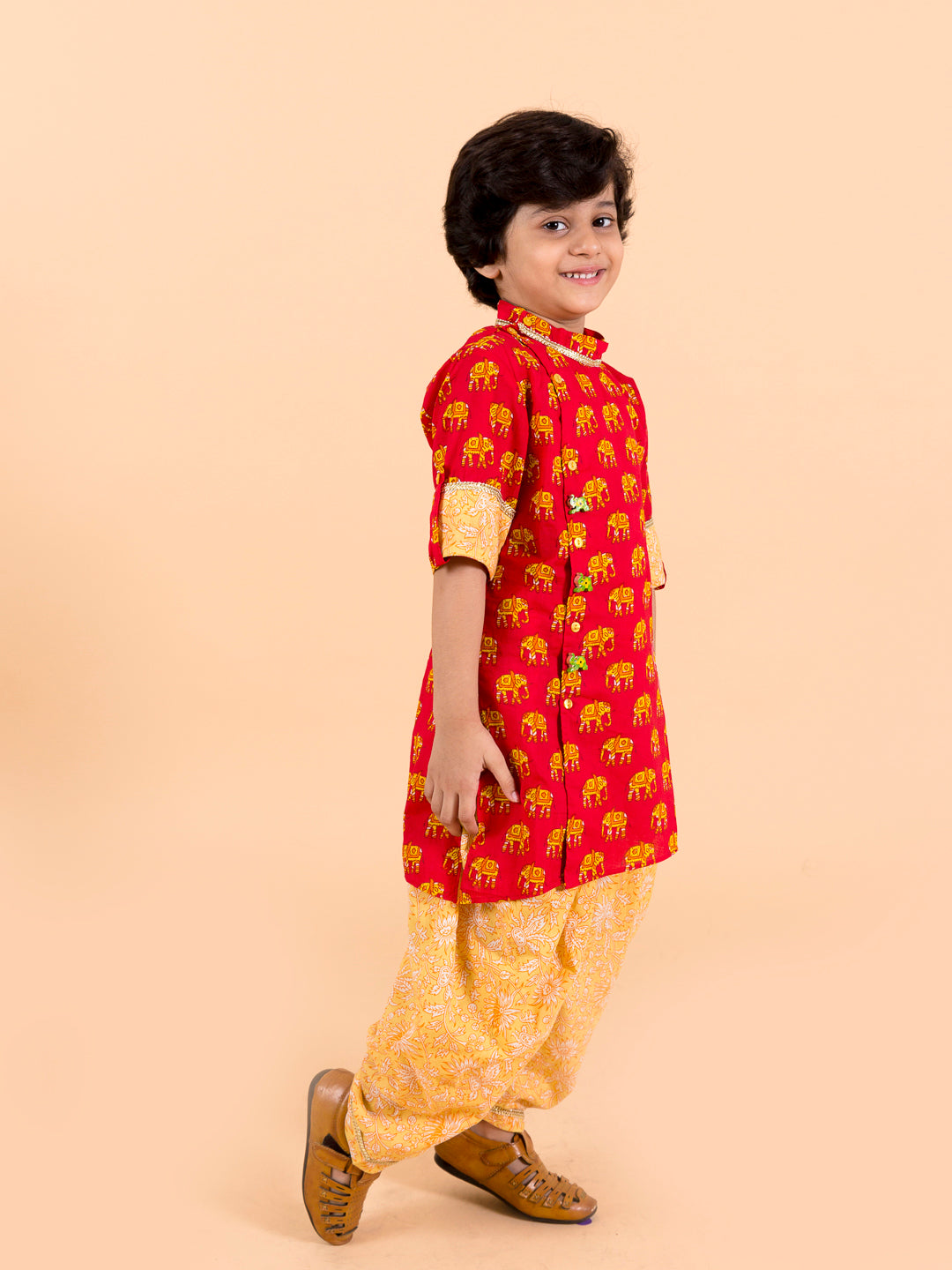 Boys Red Floral Embroidered Pure Cotton Kurta with Dhoti Pants (kp-redelephant)