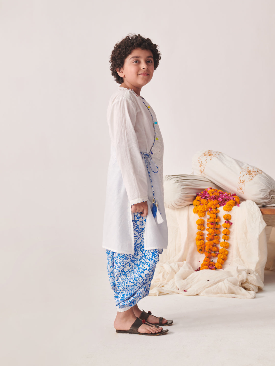 Boys Floral Printed Regular Thread Work Kurta With Dhoti Pants (KP-SCHIFFLYBLUEJAAL)