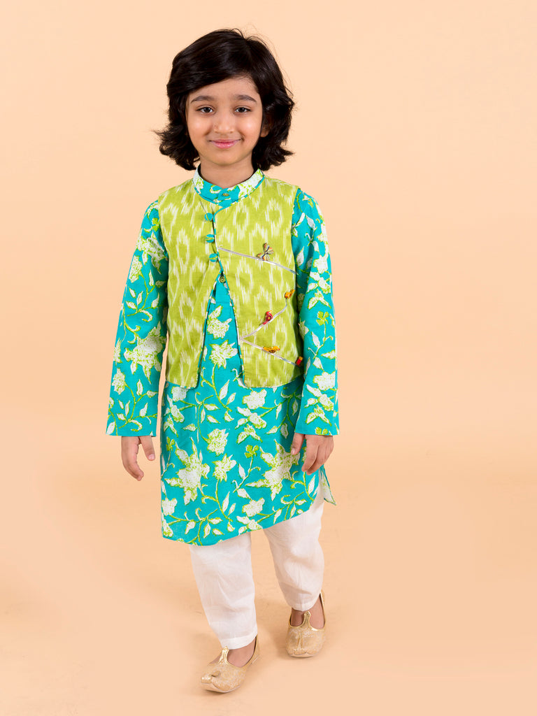 Boys Turquoise Blue Ethnic Motifs Embroidered Pure Cotton Kurta (Kp-turqikkat)