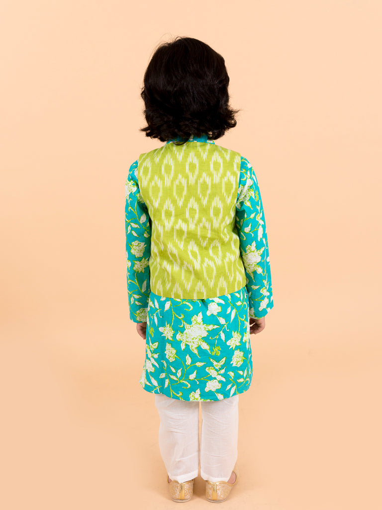 Boys Turquoise Blue Ethnic Motifs Embroidered Pure Cotton Kurta (Kp-turqikkat)