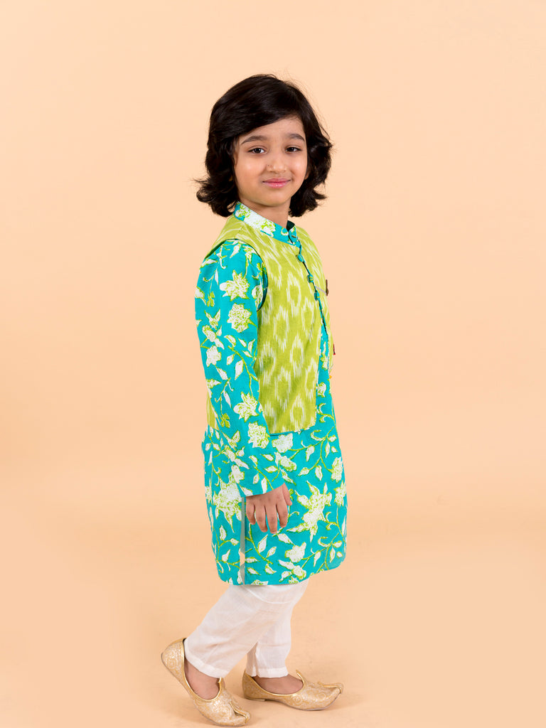Boys Turquoise Blue Ethnic Motifs Embroidered Pure Cotton Kurta (Kp-turqikkat)