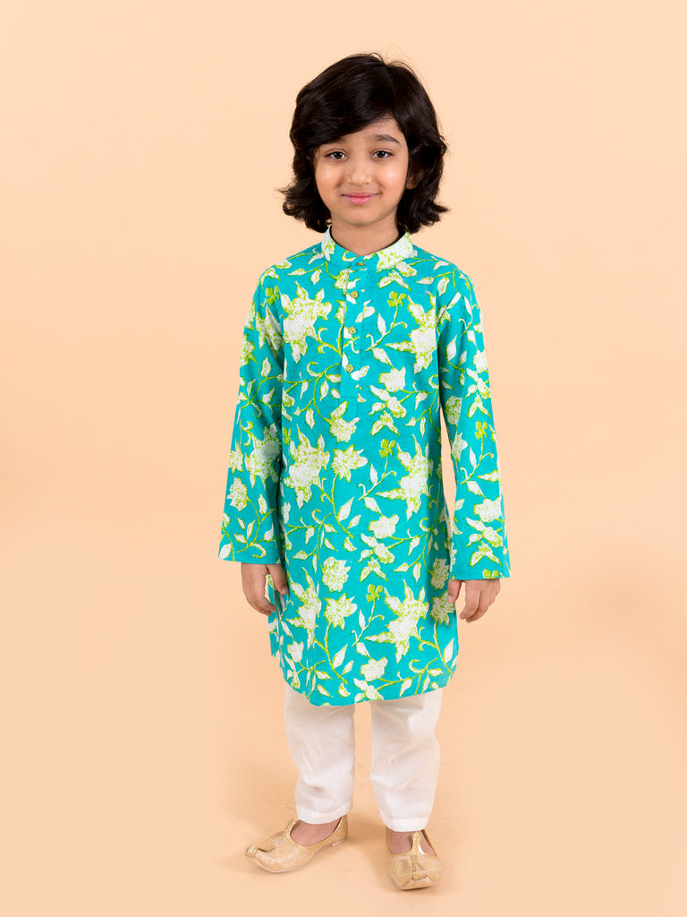 Boys Turquoise Blue Ethnic Motifs Embroidered Pure Cotton Kurta (Kp-turqikkat)