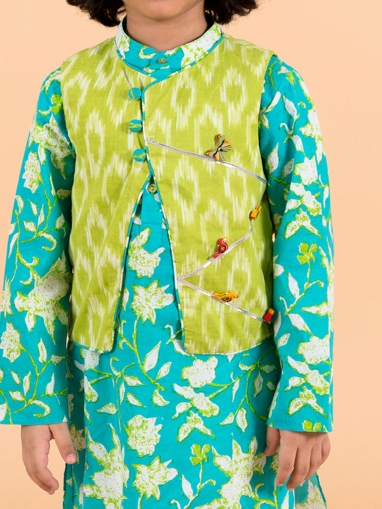 Boys Turquoise Blue Ethnic Motifs Embroidered Pure Cotton Kurta (Kp-turqikkat)