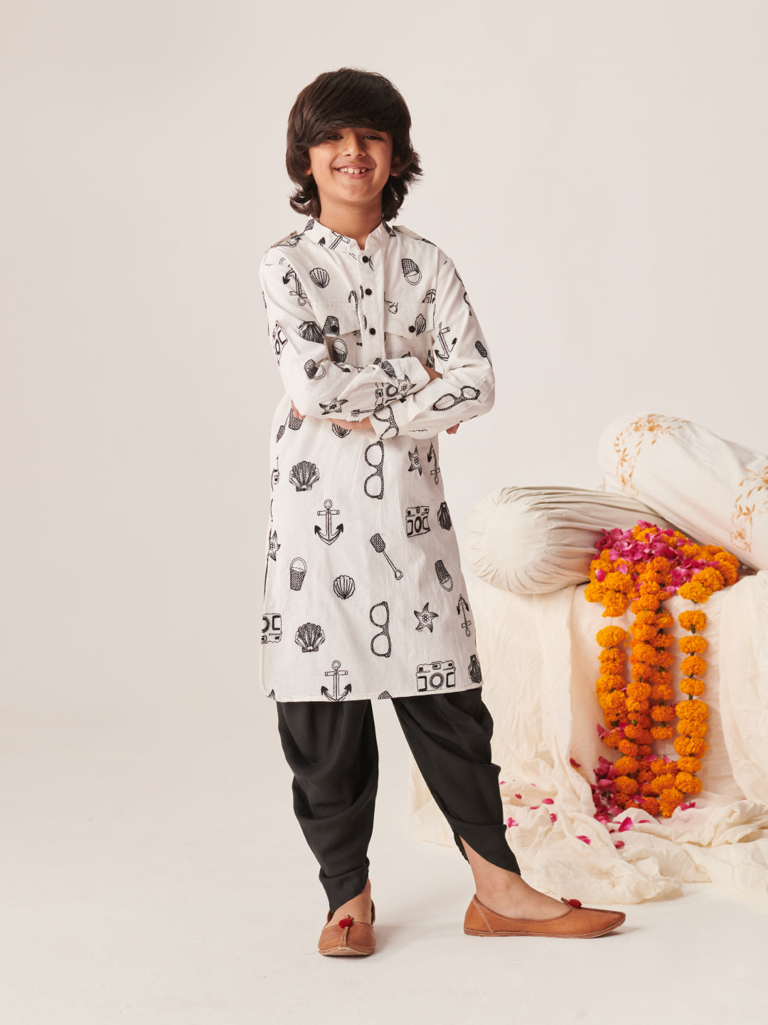 Boys Printed Regular Kurta With Dhoti Pants (KP-WHITEBLACKEMB)