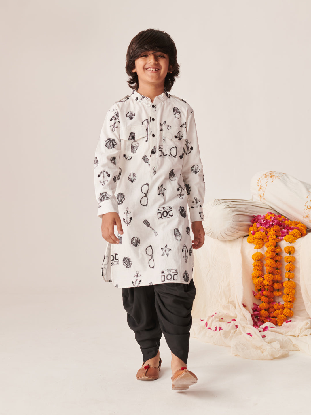 Boys Printed Regular Kurta With Dhoti Pants (KP-WHITEBLACKEMB)