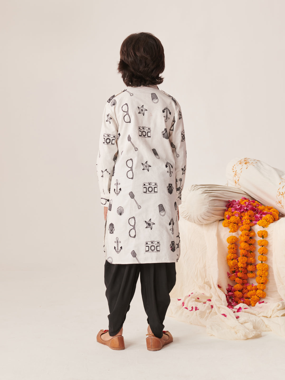 Boys Printed Regular Kurta With Dhoti Pants (KP-WHITEBLACKEMB)