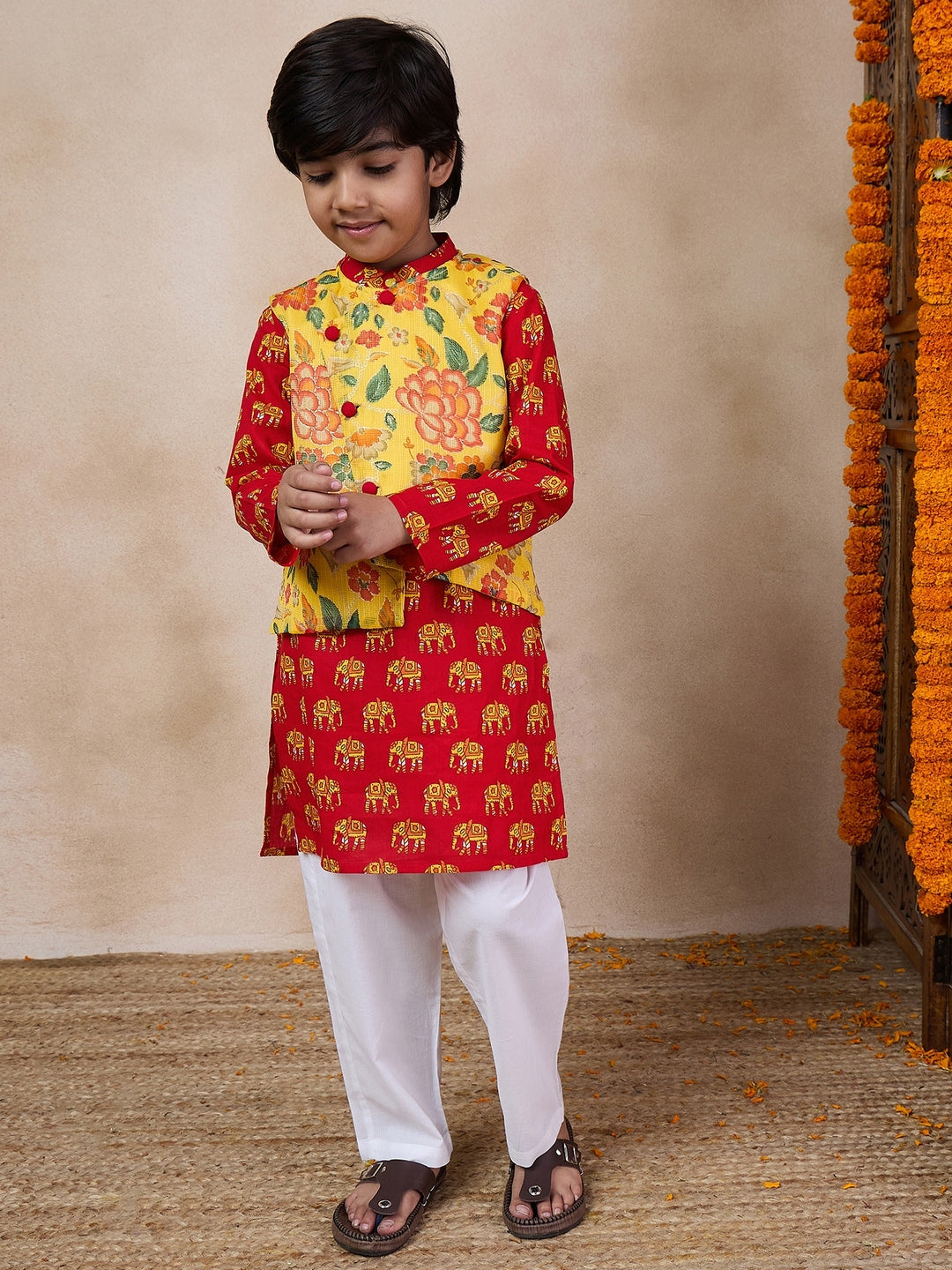 Boys Mandarin Collar Animal Printed Regular Kurta With Pyjamas (KP-YELLOWHATHI)