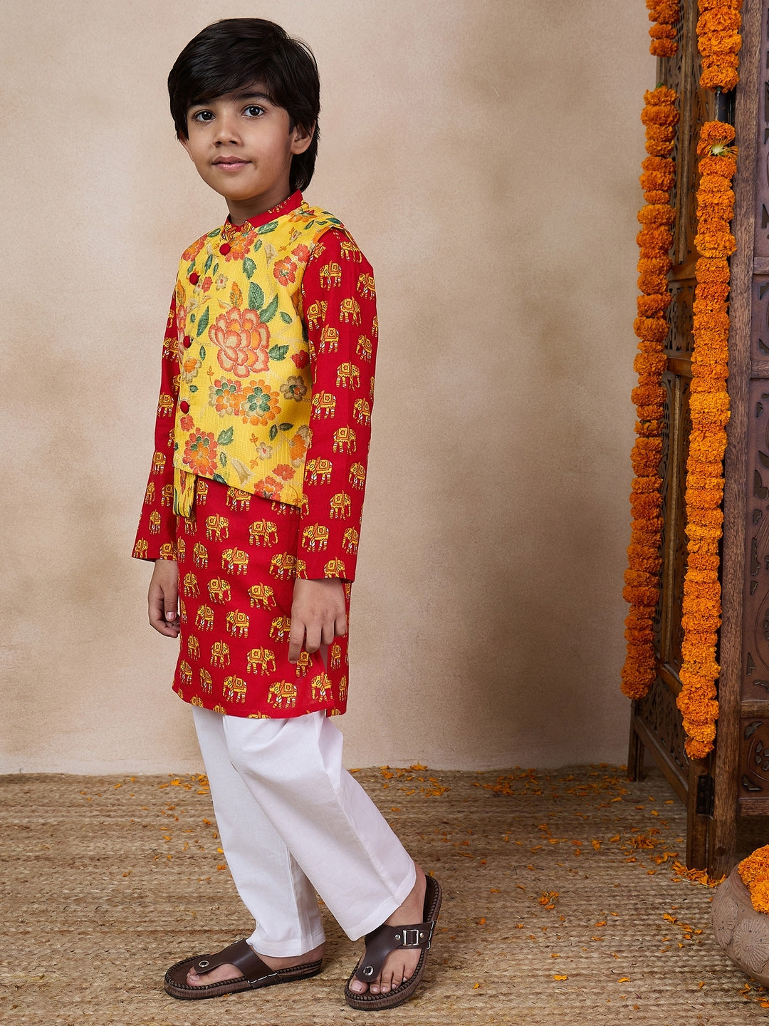 Boys Mandarin Collar Animal Printed Regular Kurta With Pyjamas (KP-YELLOWHATHI)