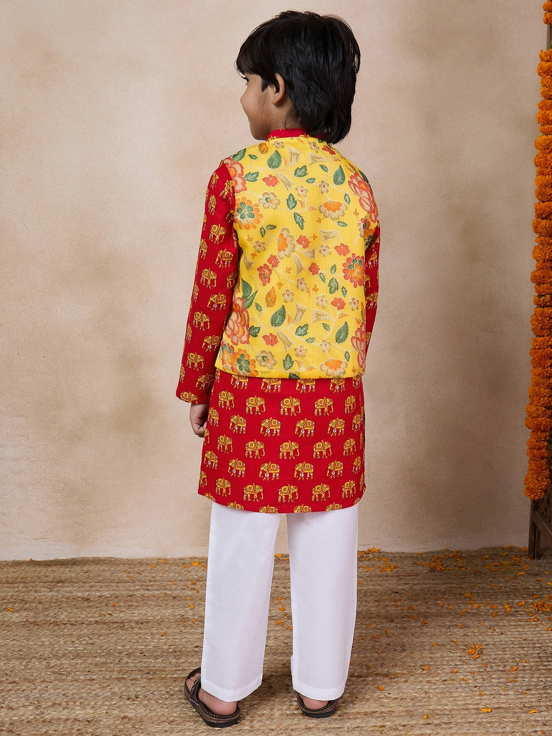 Boys Mandarin Collar Animal Printed Regular Kurta With Pyjamas (KP-YELLOWHATHI)