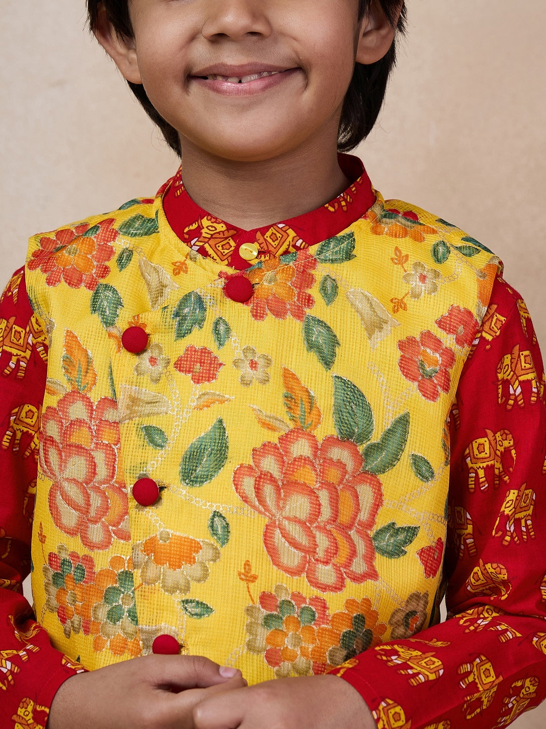 Boys Mandarin Collar Animal Printed Regular Kurta With Pyjamas (KP-YELLOWHATHI)