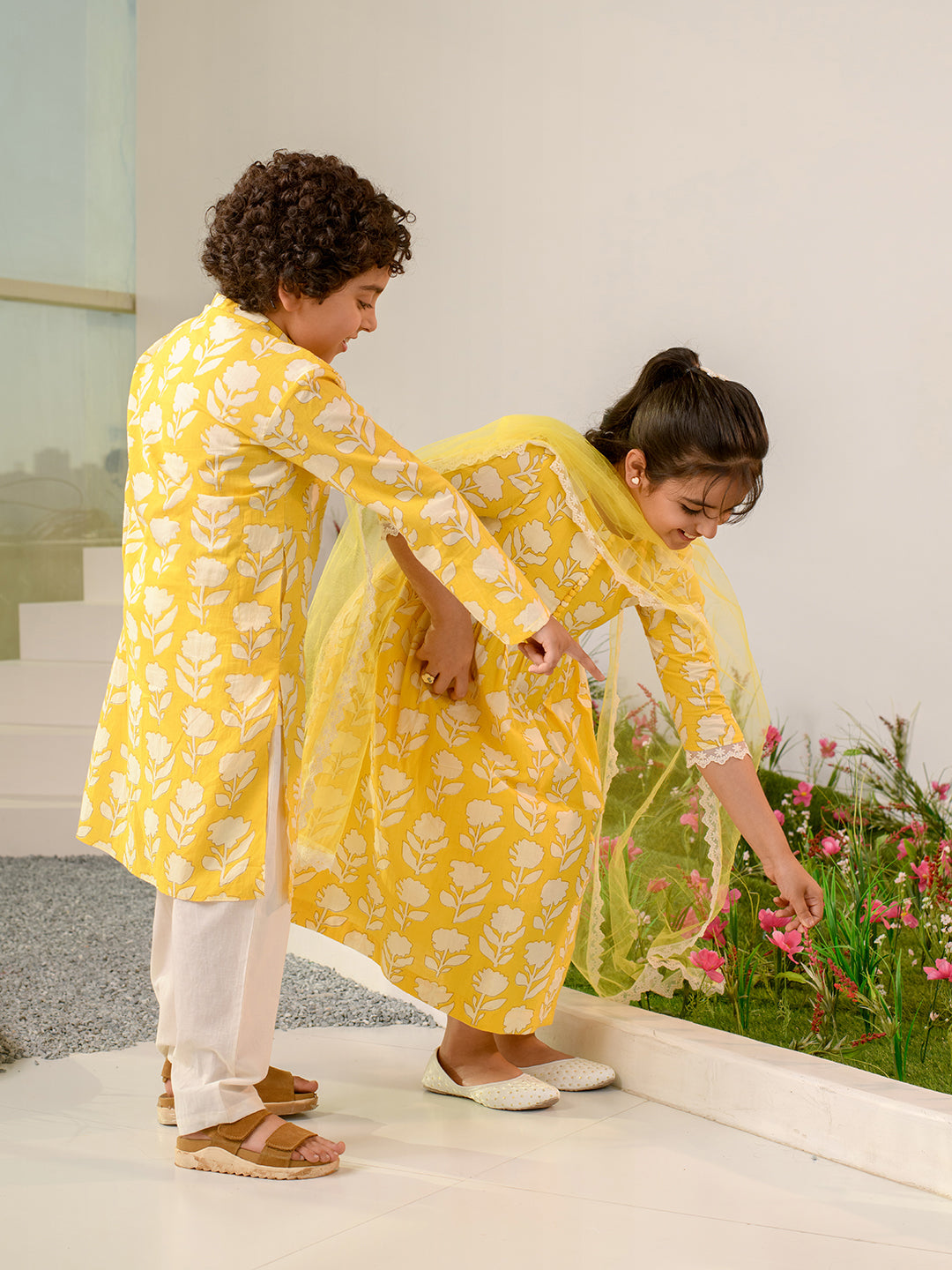 Boys Floral Printed Pure Cotton Kurta with Pyjamas (KP-YELLOWOFFWHITE)