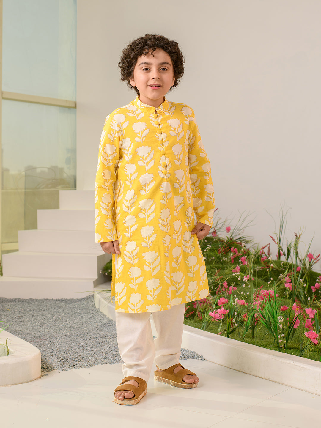 Boys Floral Printed Pure Cotton Kurta with Pyjamas (KP-YELLOWOFFWHITE)