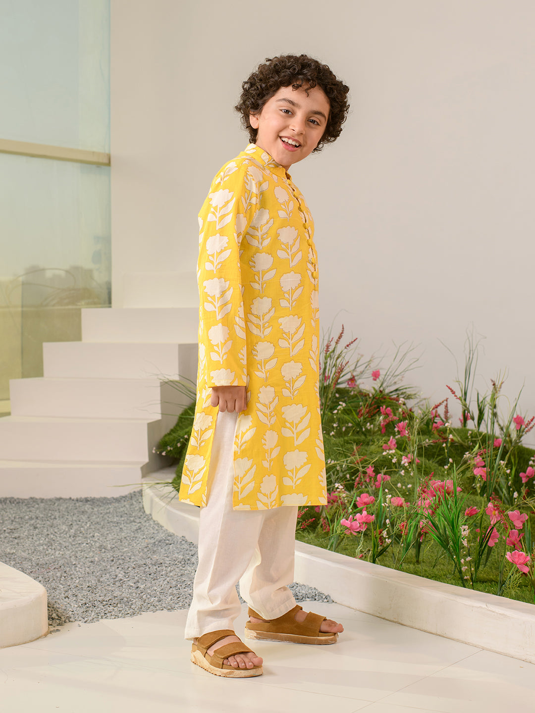 Boys Floral Printed Pure Cotton Kurta with Pyjamas (KP-YELLOWOFFWHITE)