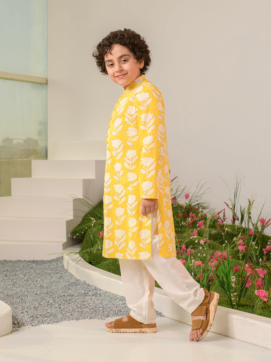 Boys Floral Printed Pure Cotton Kurta with Pyjamas (KP-YELLOWOFFWHITE)