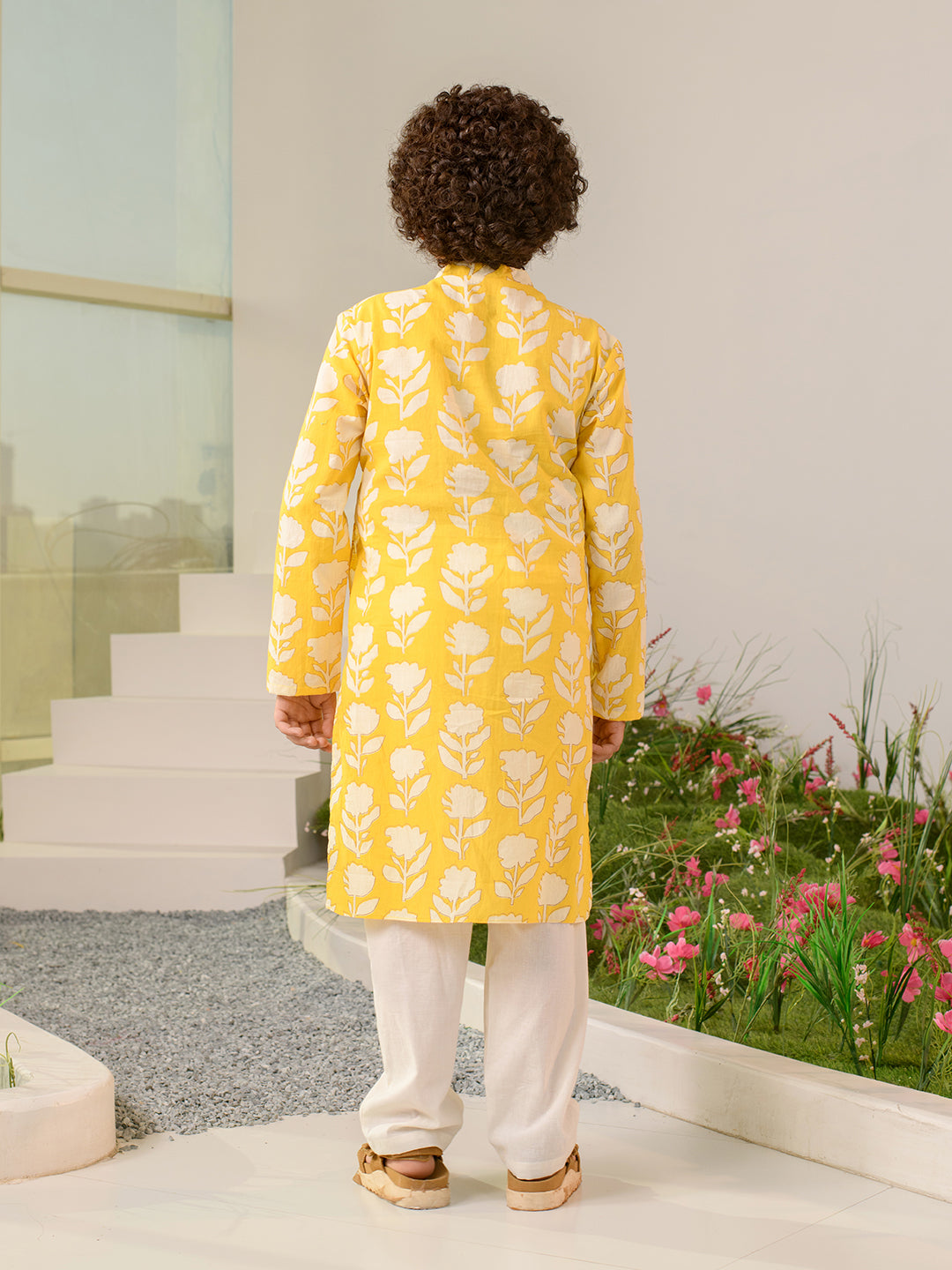 Boys Floral Printed Pure Cotton Kurta with Pyjamas (KP-YELLOWOFFWHITE)