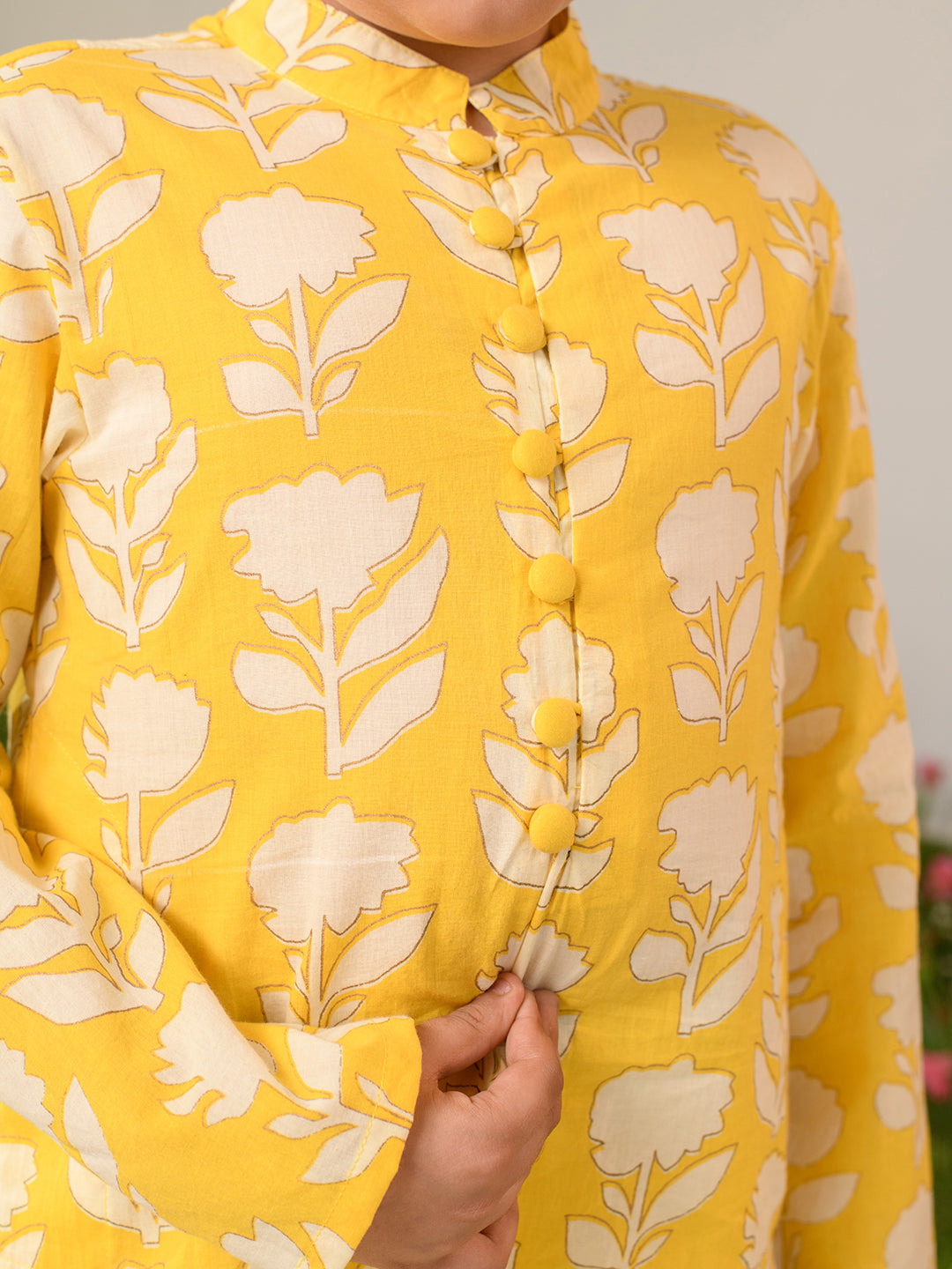 Boys Floral Printed Pure Cotton Kurta with Pyjamas (KP-YELLOWOFFWHITE)