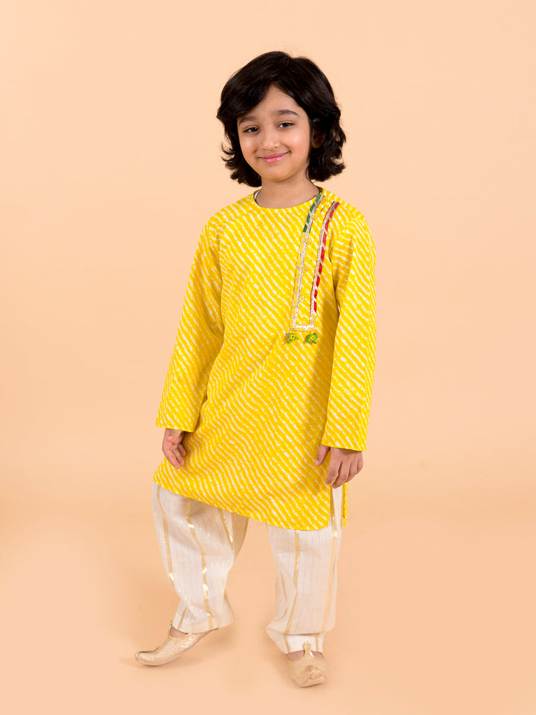 Boys Yellow Bandhani Angrakha Pure Cotton Kurta with Patiala (kp-yellowlurex)