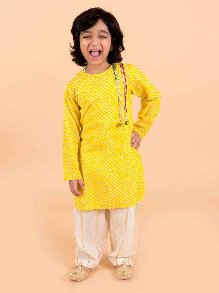 Boys Yellow Bandhani Angrakha Pure Cotton Kurta with Patiala (kp-yellowlurex)