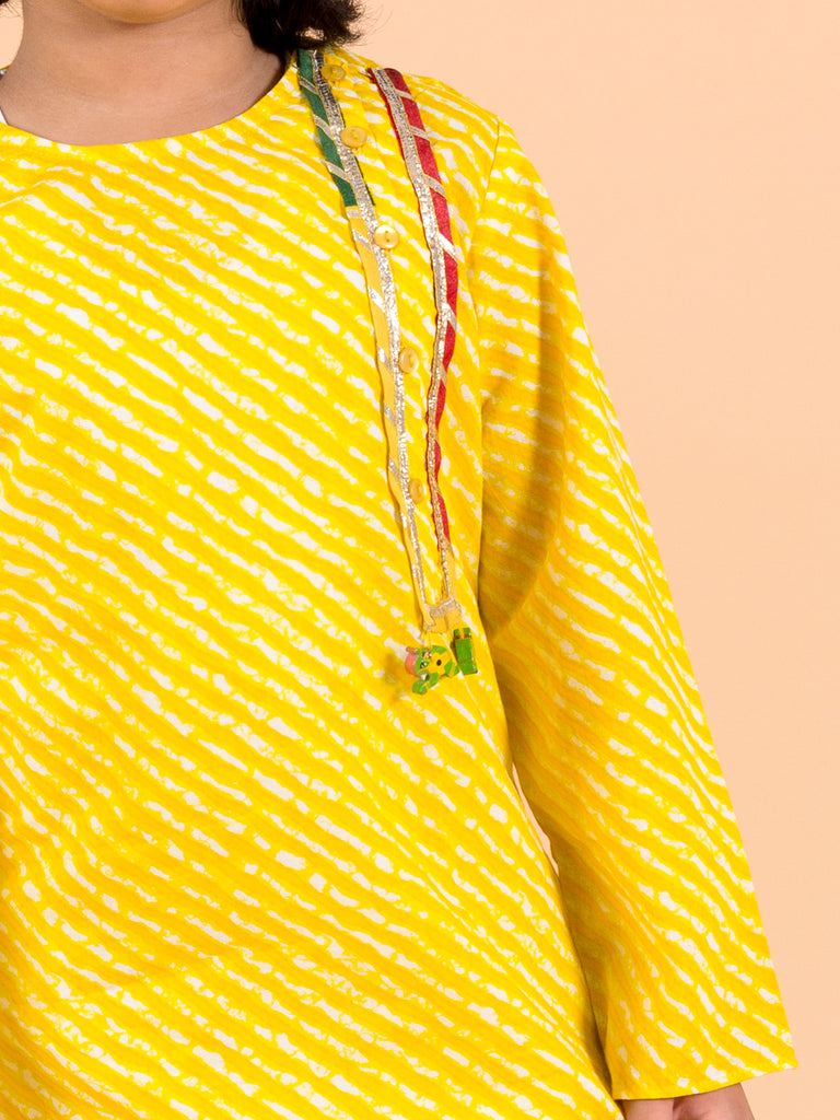 Boys Yellow Bandhani Angrakha Pure Cotton Kurta with Patiala (kp-yellowlurex)