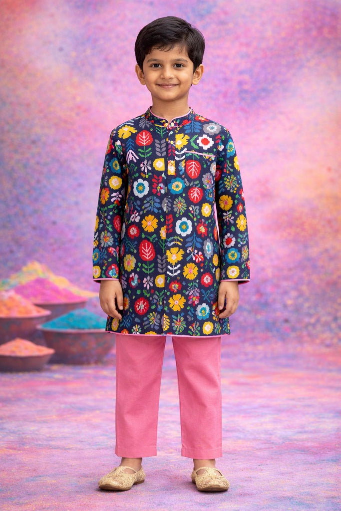 Pspeaches Boys Navy blue & Dusty Pink Ethnic Floral Printed A-Line Cotton Kurta With Pyjamas ( Sku-Kp-Geometric )