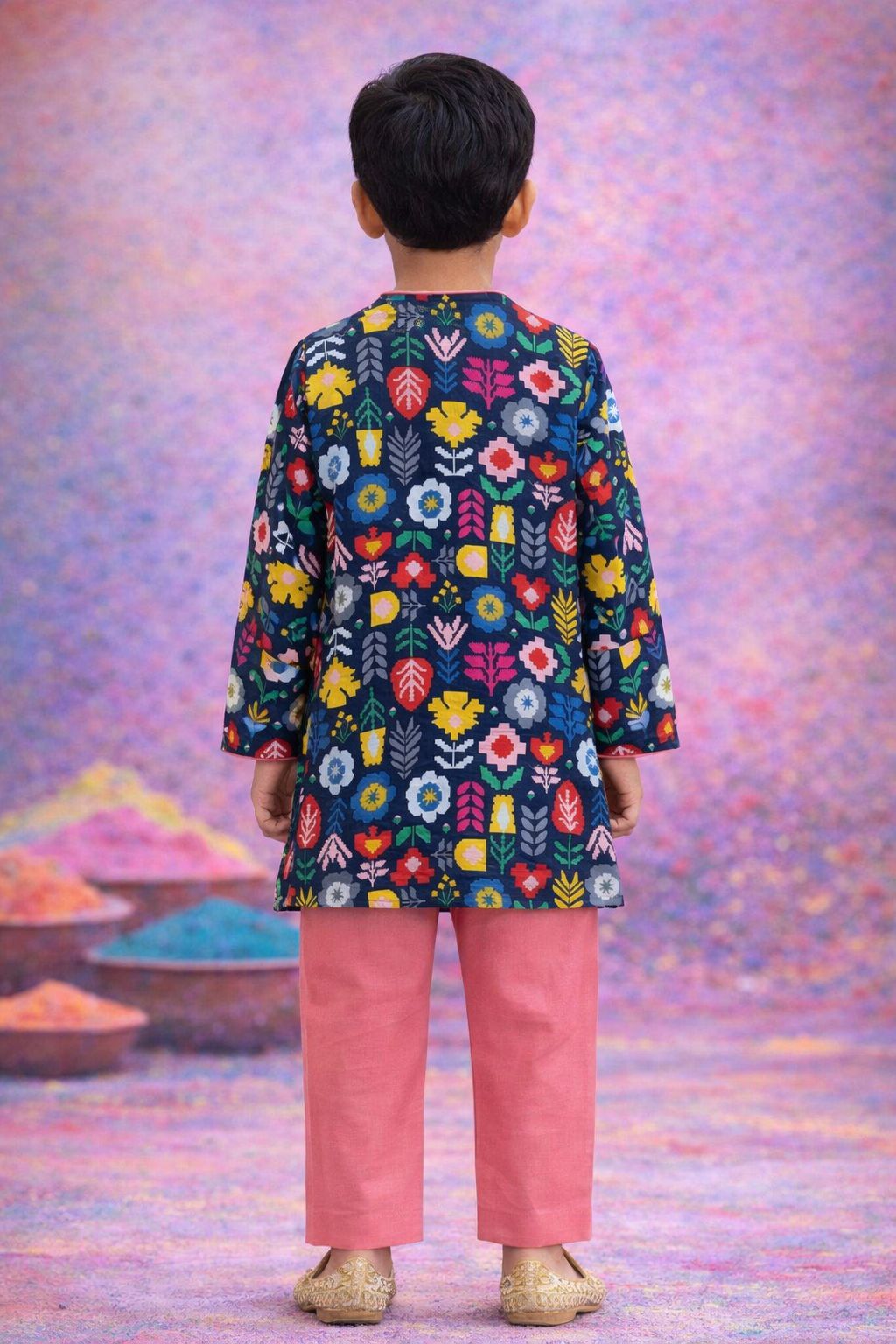 Pspeaches Boys Navy blue & Dusty Pink Ethnic Floral Printed A-Line Cotton Kurta With Pyjamas ( Sku-Kp-Geometric )