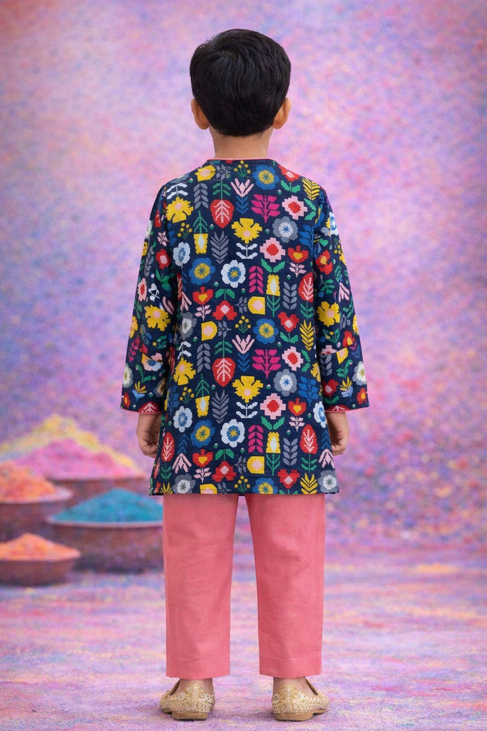 Pspeaches Boys Navy blue & Dusty Pink Ethnic Floral Printed A-Line Cotton Kurta With Pyjamas ( Sku-Kp-Geometric )