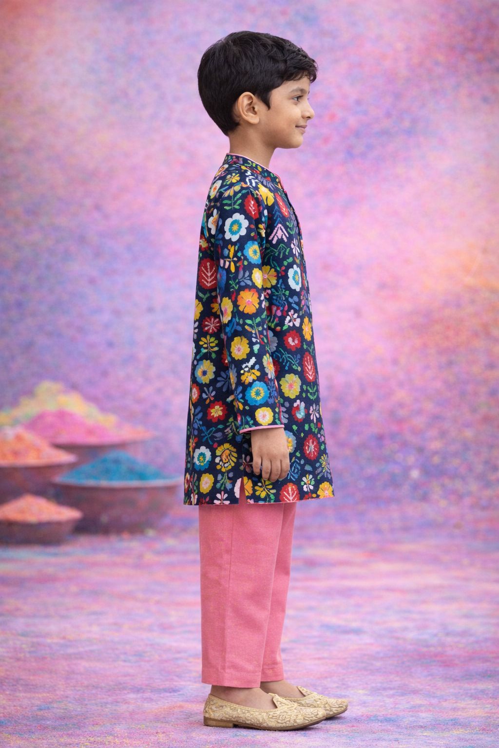 Pspeaches Boys Navy blue & Dusty Pink Ethnic Floral Printed A-Line Cotton Kurta With Pyjamas ( Sku-Kp-Geometric )
