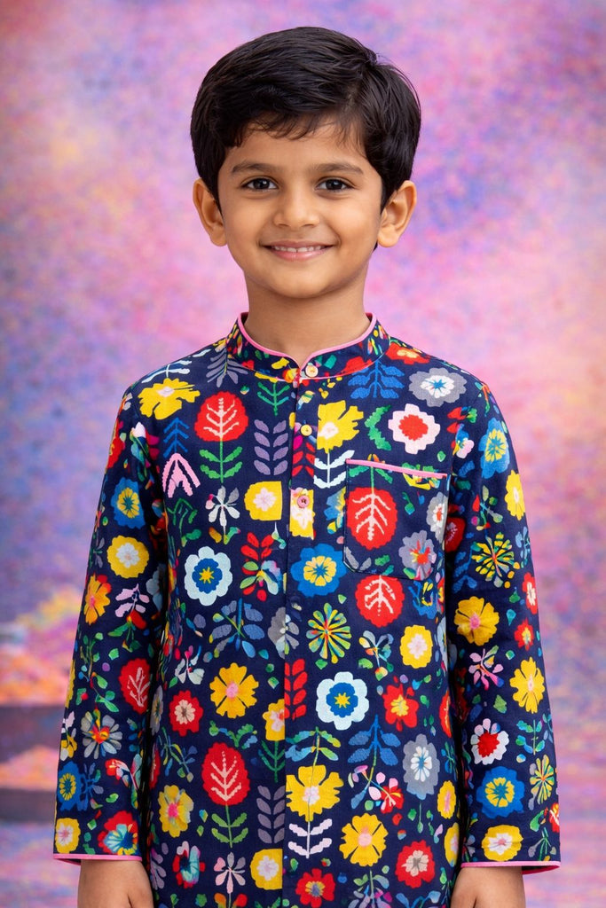 Pspeaches Boys Navy blue & Dusty Pink Ethnic Floral Printed A-Line Cotton Kurta With Pyjamas ( Sku-Kp-Geometric )