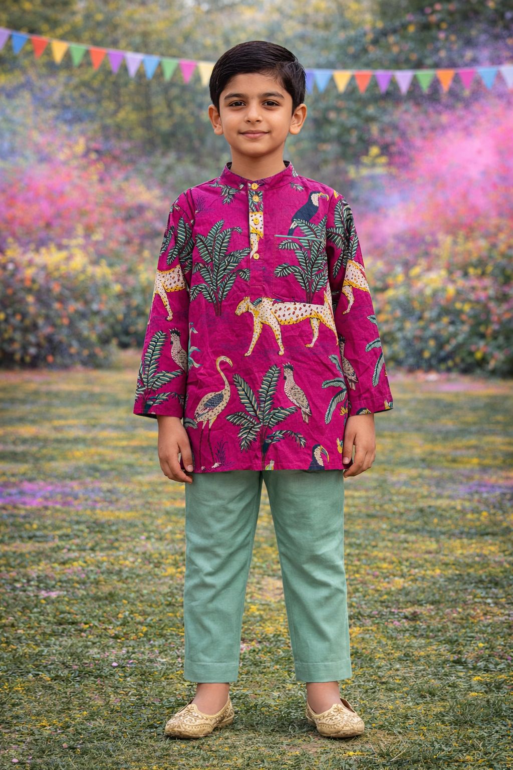 Pspeaches Boys Magenta & Olive Green Ethnic Animal Print Straight Fit Cotton Kurta & Pyjamas Set ( Sku-Kp-Jungle )