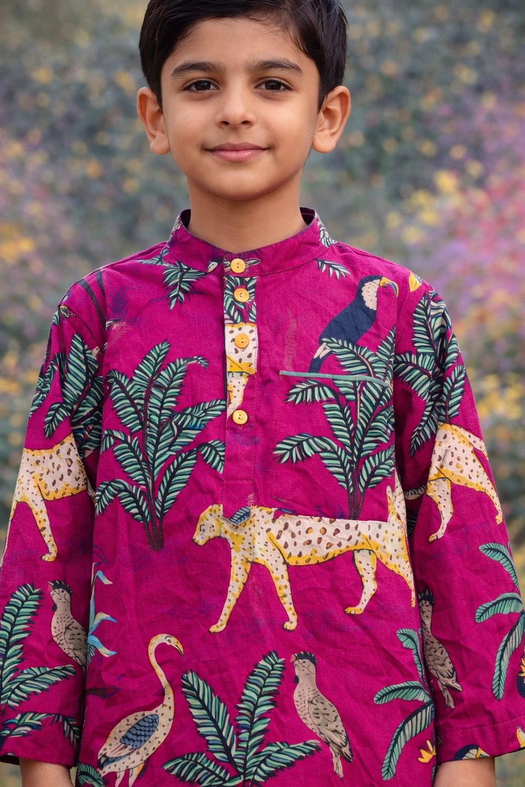 Pspeaches Boys Magenta & Olive Green Ethnic Animal Print Straight Fit Cotton Kurta & Pyjamas Set ( Sku-Kp-Jungle )