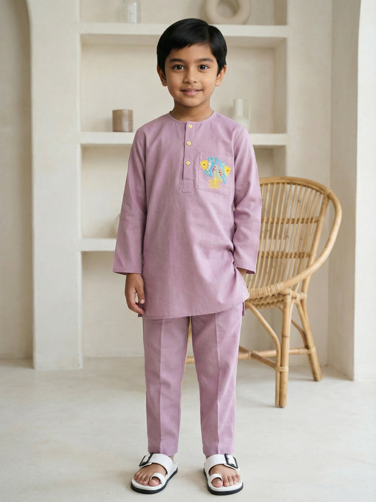 Pspeaches Boys Neon Pink Ethnic Embroidered Straight Fit Cotton flex Kurta With Pyjamas ( Sku-Kp-Pinkflex )