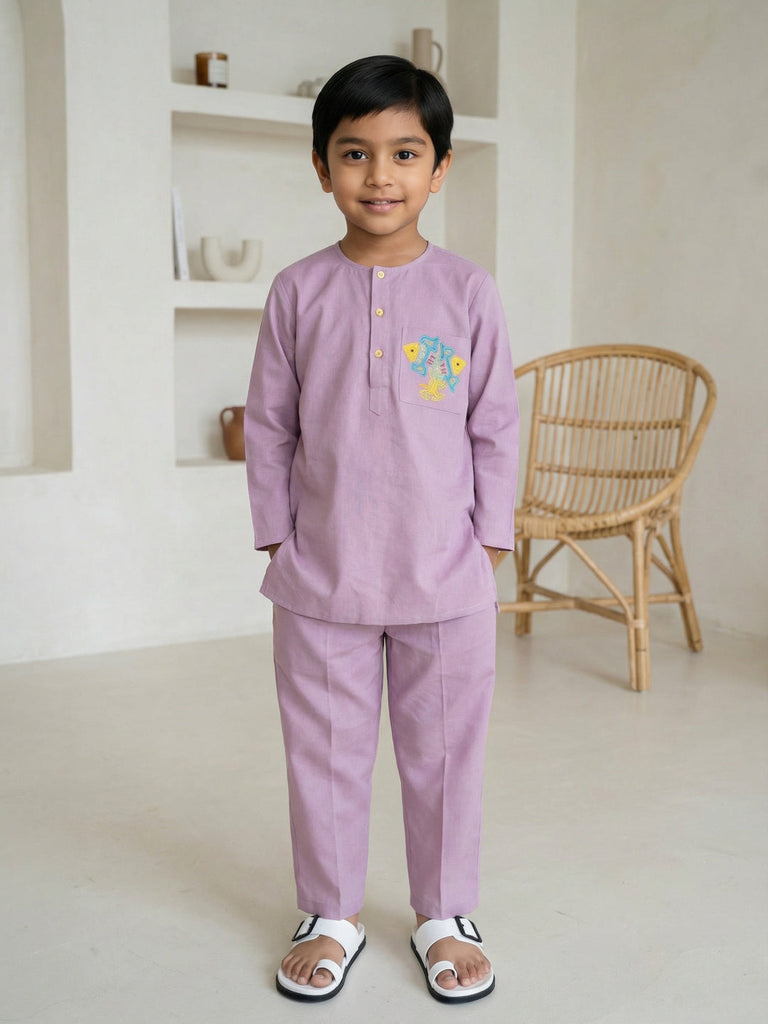 Pspeaches Boys Neon Pink Ethnic Embroidered Straight Fit Cotton flex Kurta With Pyjamas ( Sku-Kp-Pinkflex )