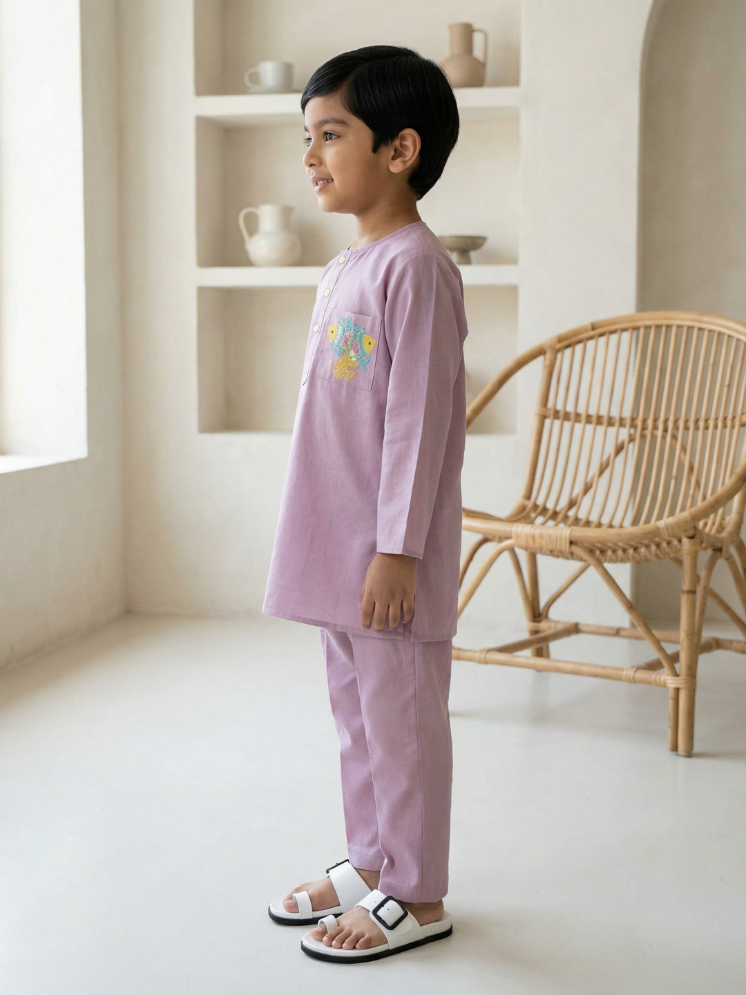 Pspeaches Boys Neon Pink Ethnic Embroidered Straight Fit Cotton flex Kurta With Pyjamas ( Sku-Kp-Pinkflex )