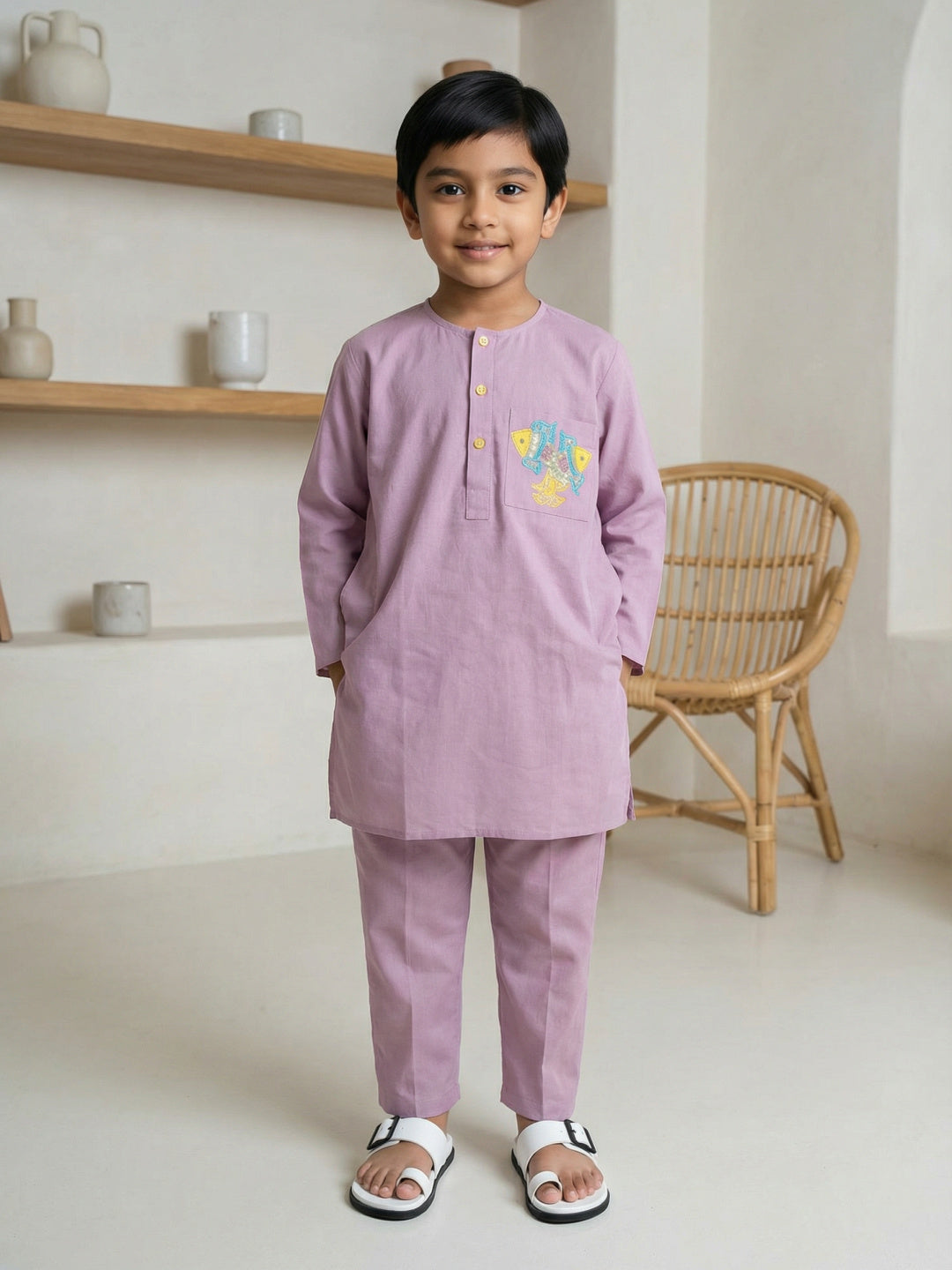 Pspeaches Boys Neon Pink Ethnic Embroidered Straight Fit Cotton flex Kurta With Pyjamas ( Sku-Kp-Pinkflex )