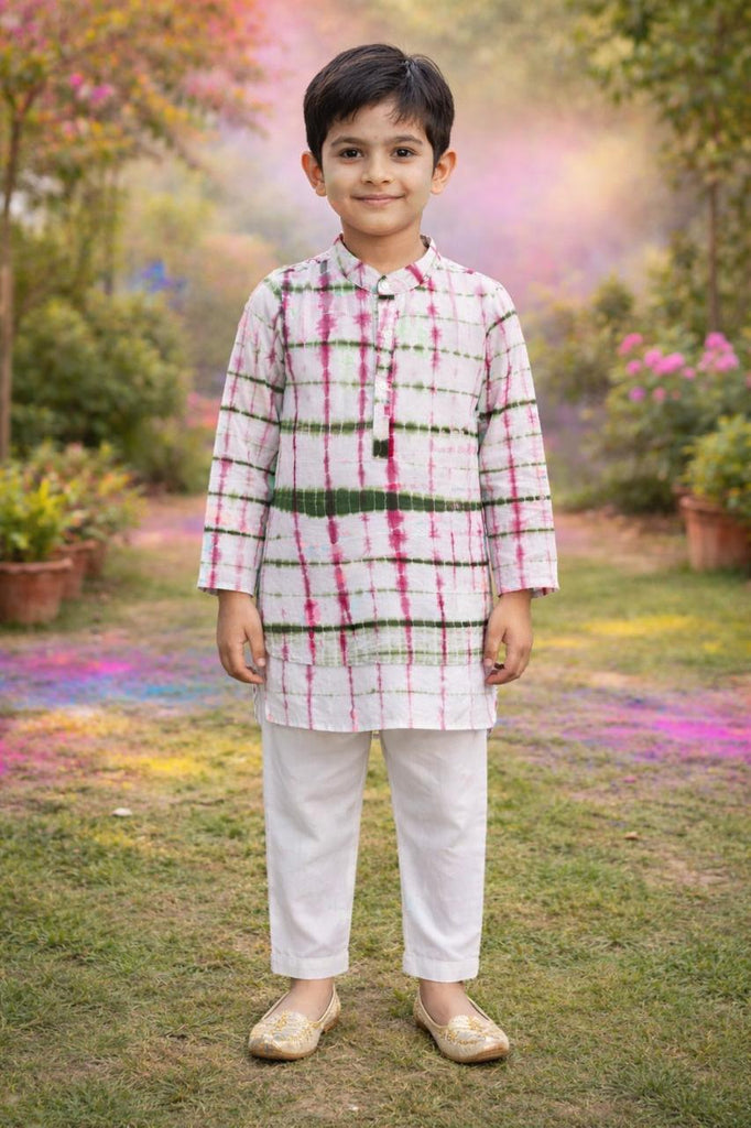 Pspeaches Boys White Ethnic Shibori A-Line Cotton Kurta With Pyjamas ( Sku-Kp-Pinkgreenshib )