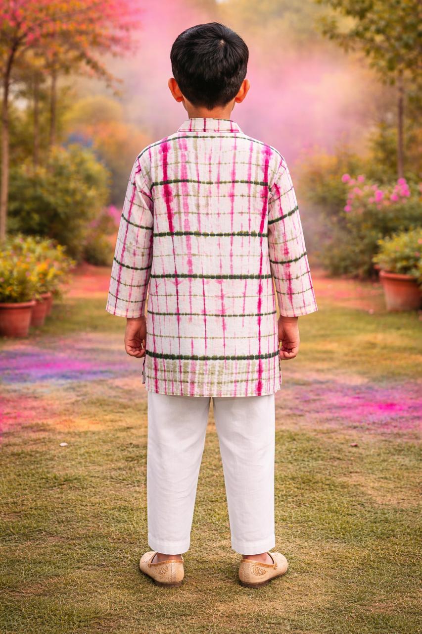Pspeaches Boys White Ethnic Shibori A-Line Cotton Kurta With Pyjamas ( Sku-Kp-Pinkgreenshib )