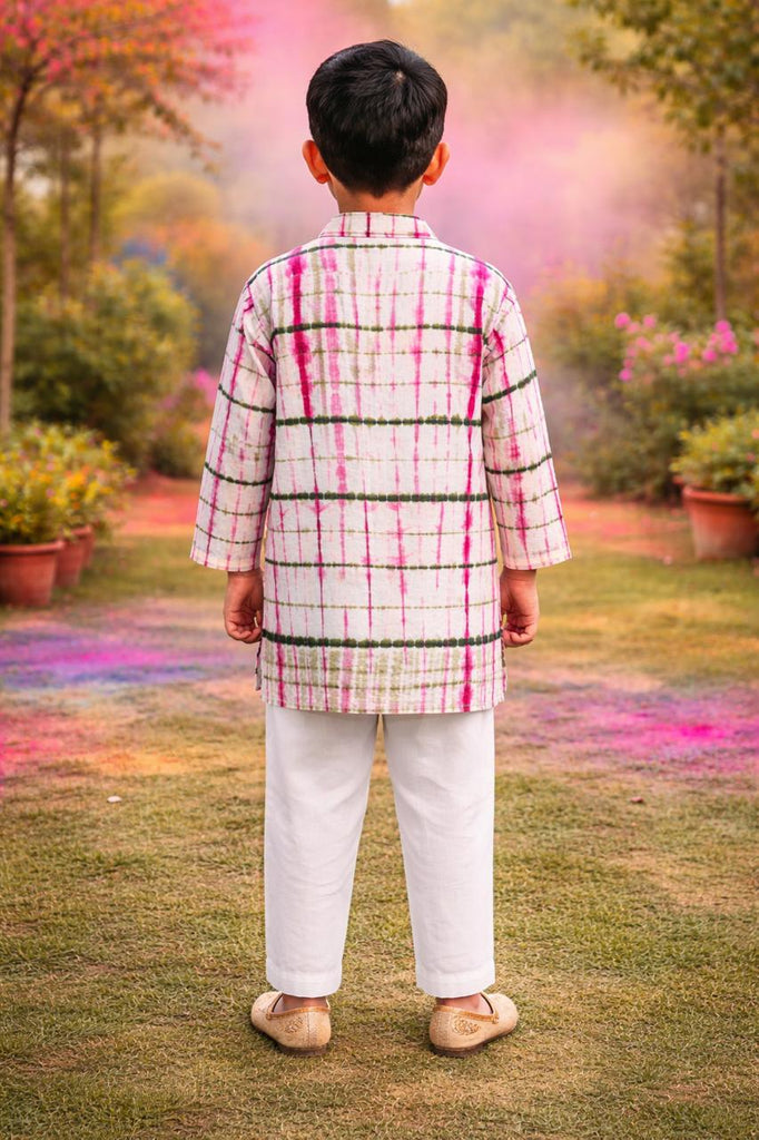 Pspeaches Boys White Ethnic Shibori A-Line Cotton Kurta With Pyjamas ( Sku-Kp-Pinkgreenshib )