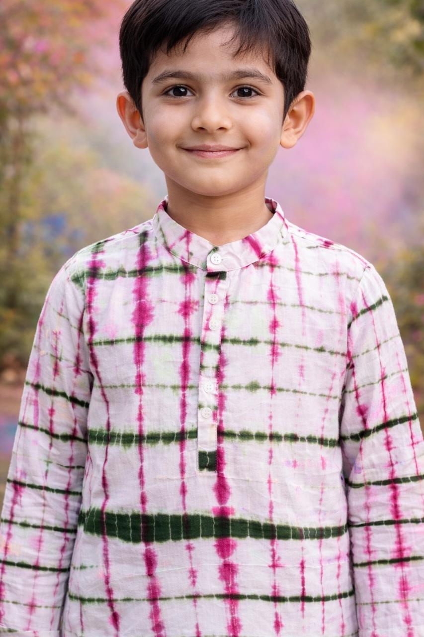 Pspeaches Boys White Ethnic Shibori A-Line Cotton Kurta With Pyjamas ( Sku-Kp-Pinkgreenshib )