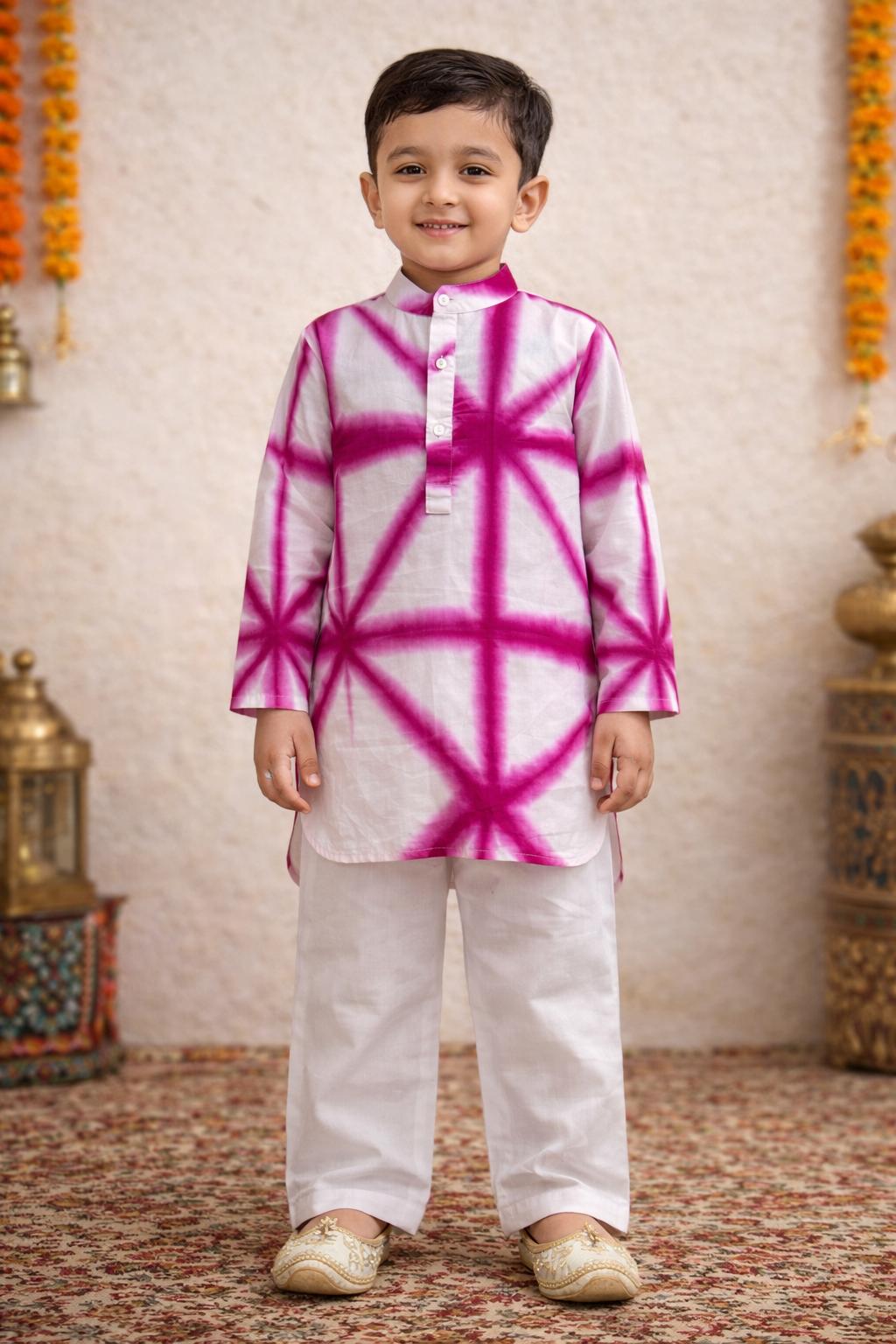 Pspeaches Boys White & Pink Ethnic shibori Straight Fit Cotton Kurta With Pyjamas ( Sku-Kp-Purpleshib )