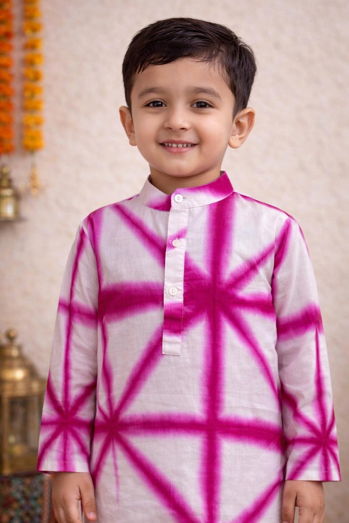 Pspeaches Boys White & Pink Ethnic shibori Straight Fit Cotton Kurta With Pyjamas ( Sku-Kp-Purpleshib )