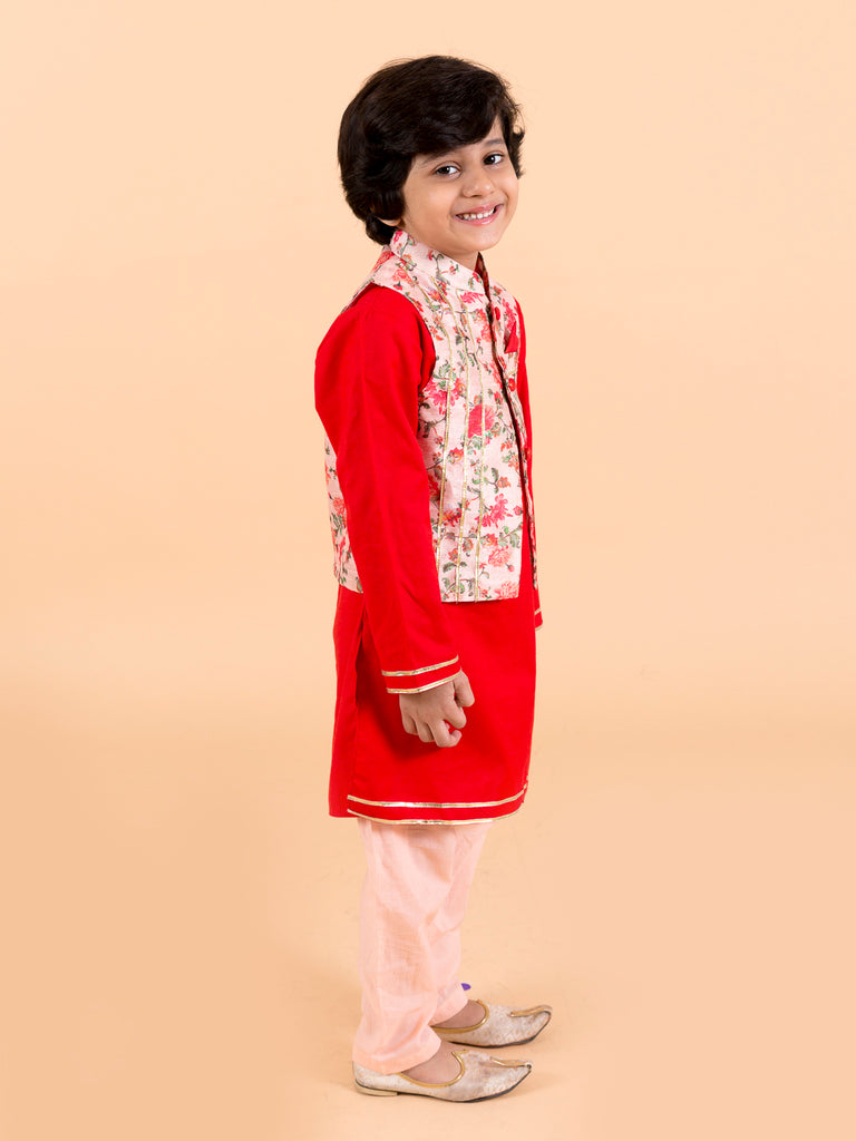 Boys Red Floral Layered Pure Cotton Kurta Pyjama With Jacket (KP-Redfloral)