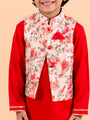 Boys Red Floral Layered Pure Cotton Kurta Pyjama With Jacket (KP-Redfloral)