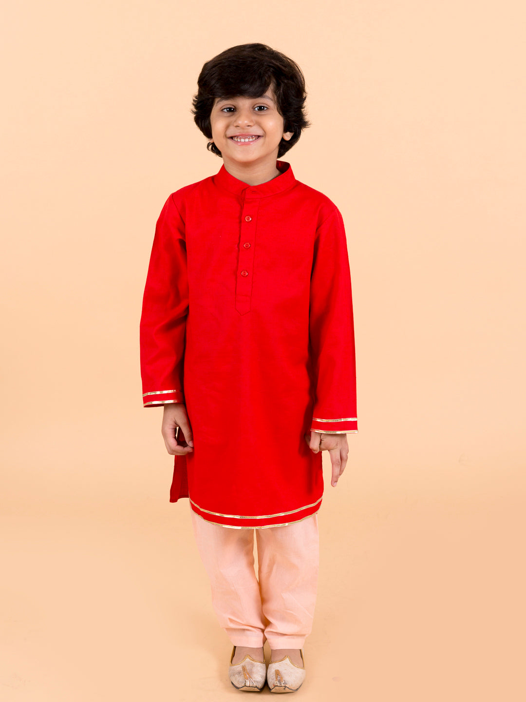 Boys Red Floral Layered Pure Cotton Kurta Pyjama With Jacket (KP-Redfloral)