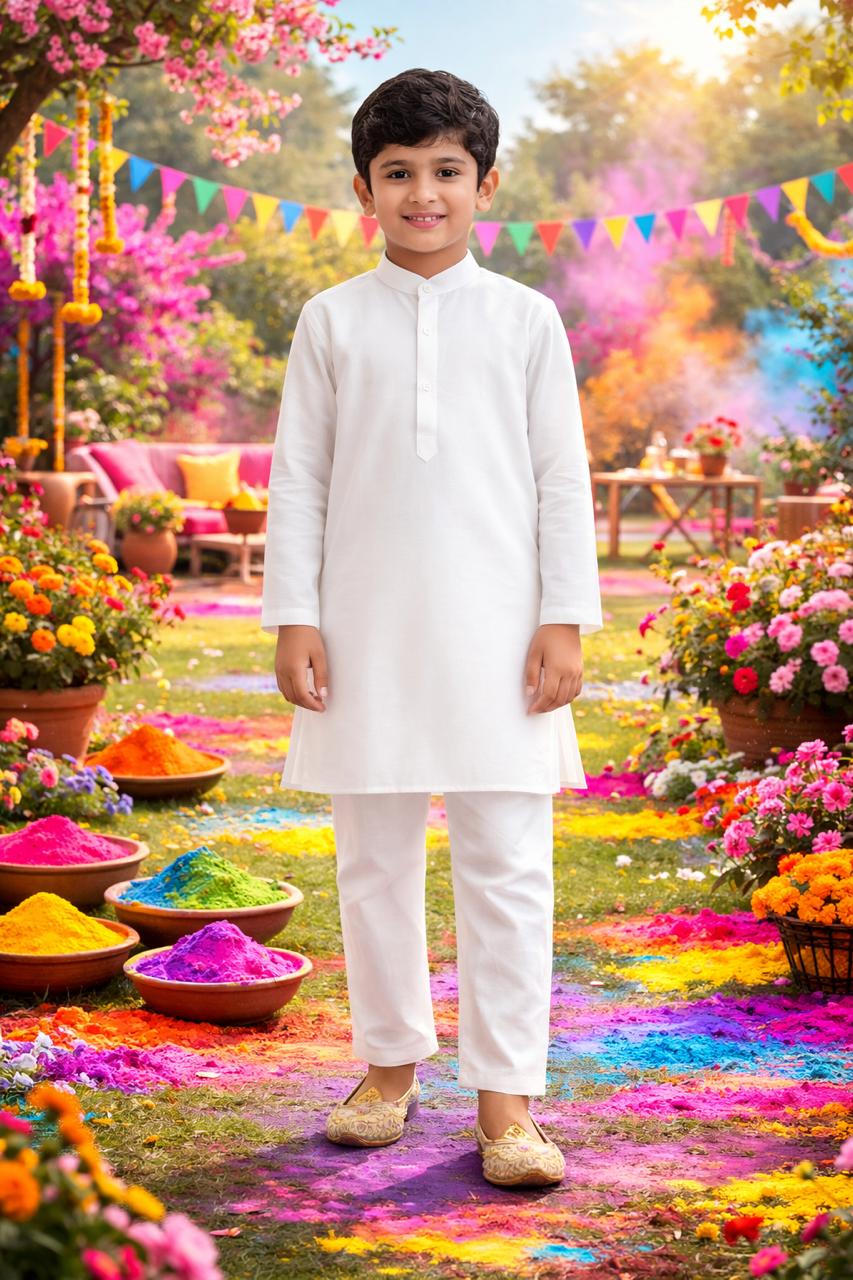 Pspeaches Boys White Ethnic Solid A-Line Cotton Kurta With Pyjamas ( Sku-Kp-White )